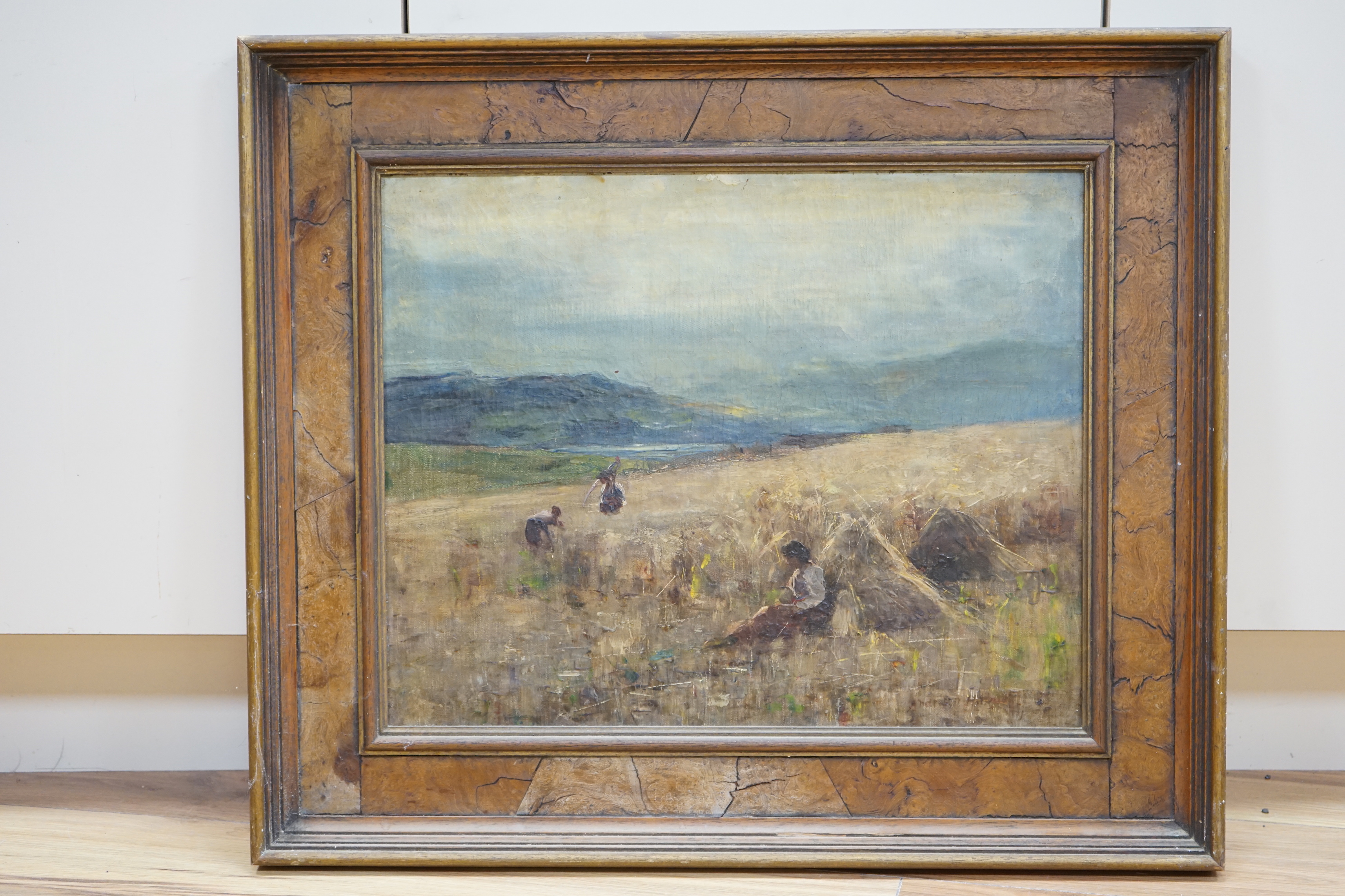 Joshua Anderson Hague (1850-1916), Impressionist oil on canvas, Figures haymaking, signed, 40 x 50cm